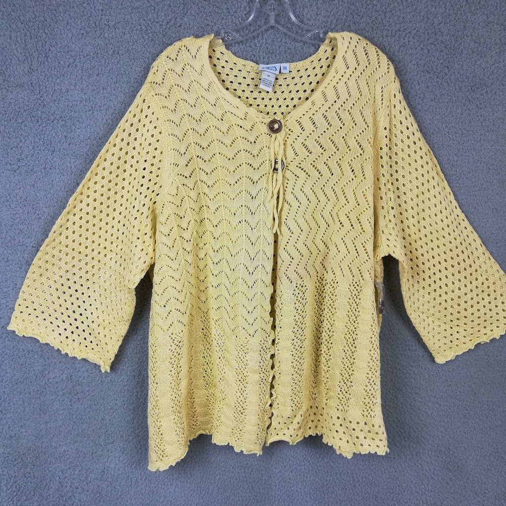 BFA Classics Womens Cardigan Sweater Open Knit Crochet Yellow 3/4 Sleeve 3X New